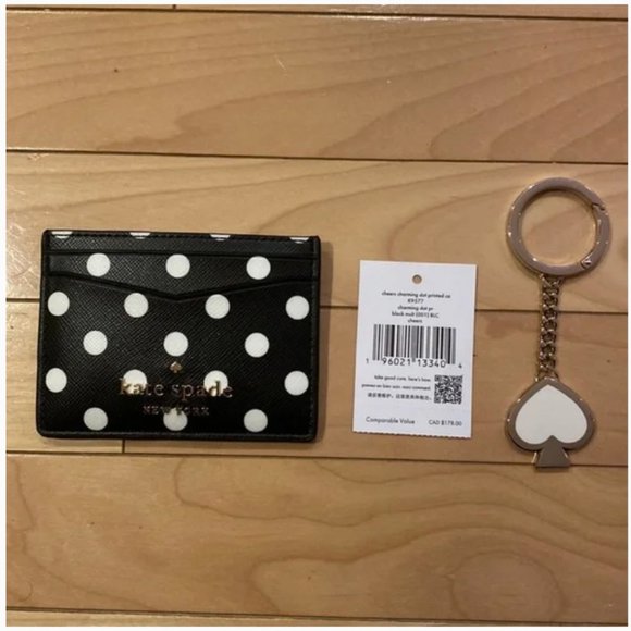 kate spade Cheers Boxed Card Holder and keychain black white polka dot nwt - Picture 6 of 7